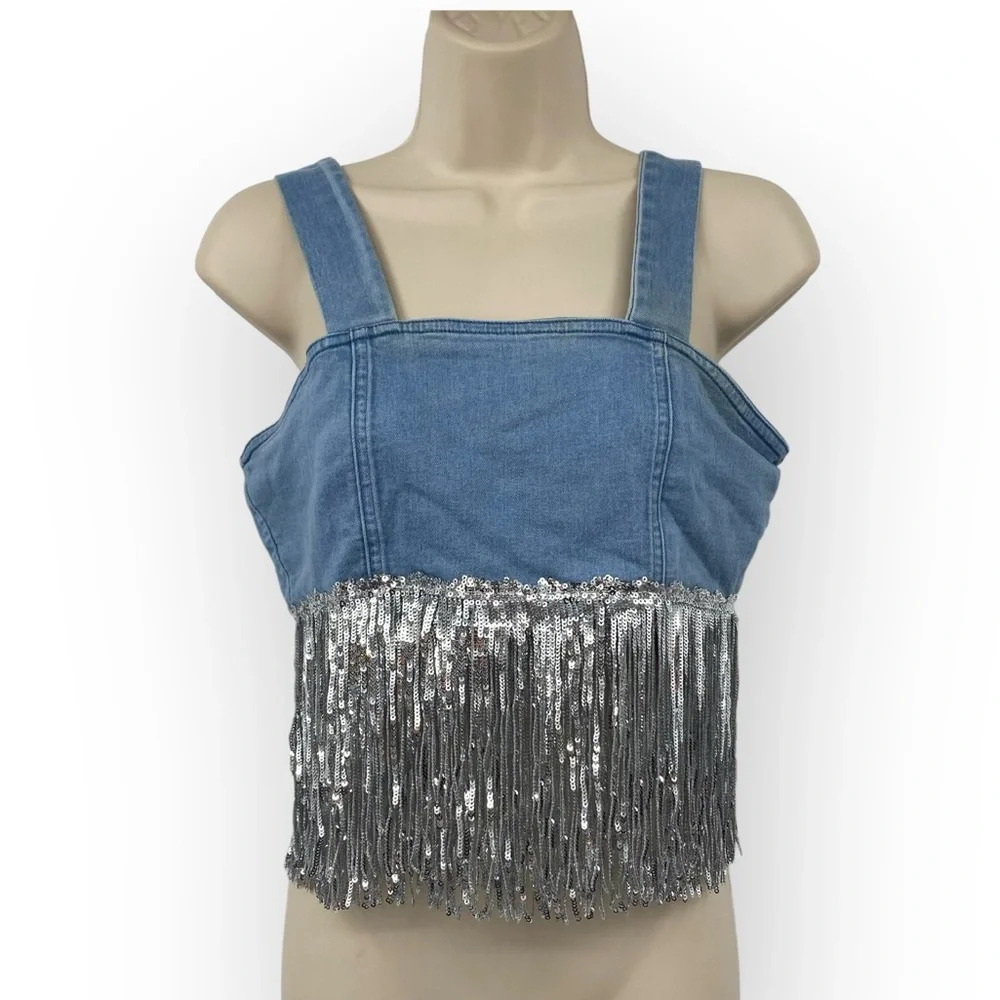 Y2K Lydia USA Cropped Fringe Sequin Top Womens Sz‎ Medium Blue Denim Square Neck
